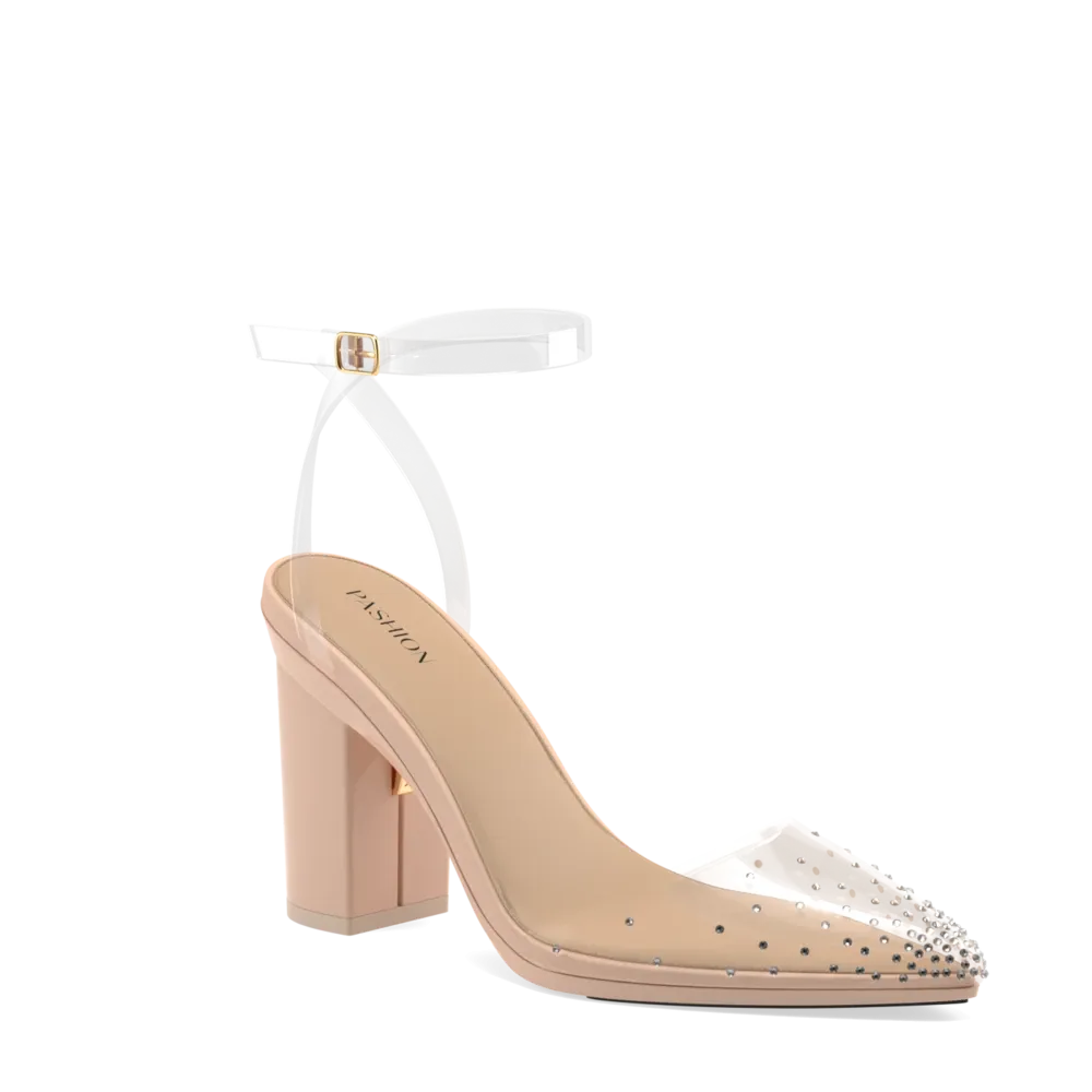 The D'Orsay - Sand Transparent Rhinestone   Block Heel Kit 4 Sand